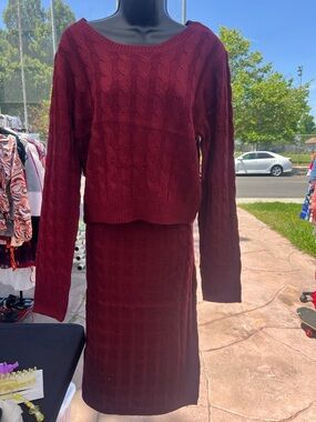 Almost Famous Burgundy Cable-Knit Midi Skirt Set